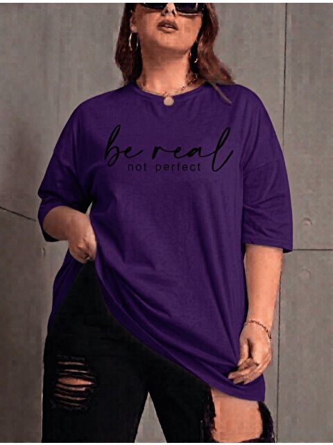 Oksit Be Real Kadın Büyük Beden Battal Baskılı Bisiklet Yaka Pamuklu T-Shirt Rahat Kesim Unisex Sevgili Ko