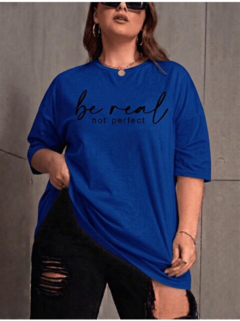 Oksit Be Real Kadın Büyük Beden Battal Baskılı Bisiklet Yaka Pamuklu T-Shirt Rahat Kesim Unisex Sevgili Ko