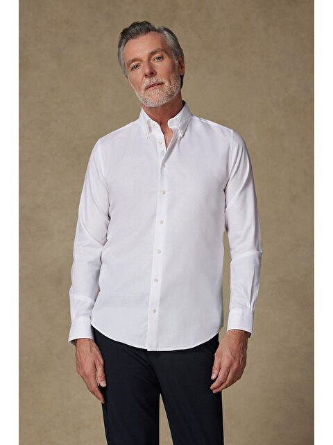 ABBATE Carlo Royal Oxford Pamuklu Slim Fit Beyaz Düğmeli Yaka Erkek Düz %100 Pamuk Gömlek - S000438104-20063
