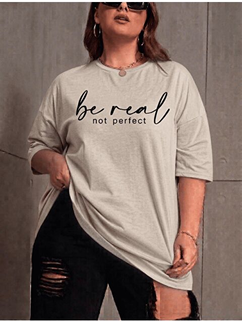 Oksit Be Real Kadın Büyük Beden Battal Baskılı Bisiklet Yaka Pamuklu T-Shirt Rahat Kesim Unisex Sevgili Ko