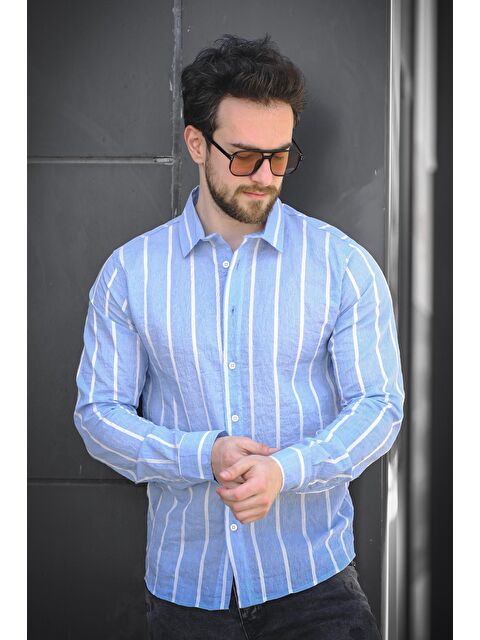Oksit Ht 9540006 Slim Fit Çizgili Uzun Kol Keten Erkek Gömlek - S000378223-17234