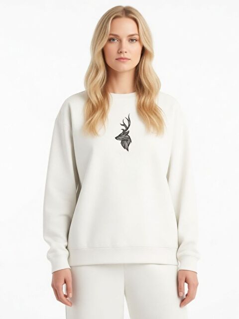 Trendseninle Beyaz Ren Baskılı Oversize Bisiklet Yaka Sweatshirt - S000489796-20063