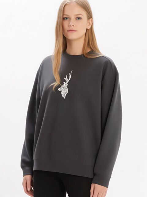 Trendseninle Füme Ren Baskılı Oversize Bisiklet Yaka Sweatshirt - S000489796-33408