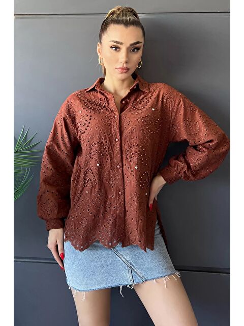 Gülseli İnci Ve Taş Detaylı Ajurlu Kadın Gömlek - S000299677-18657