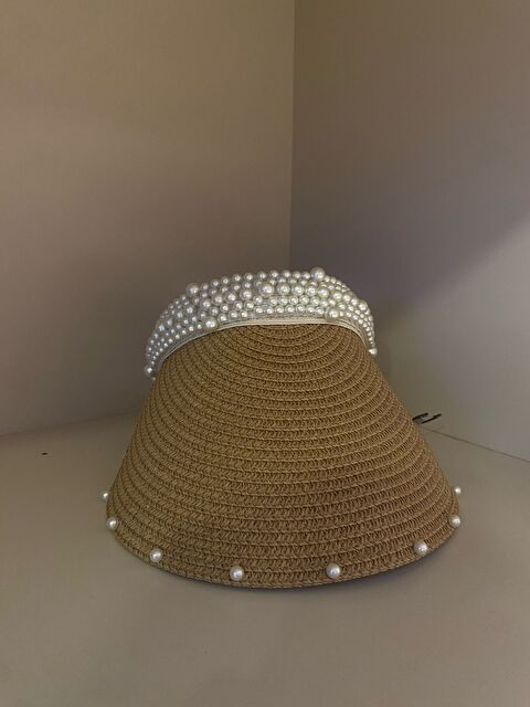 Luminos Butik Camel İnci Detaylı Hasır Vizör Şapka Oval Tasarım Yaz Aksesuarı HSR2086 - S000377867-4557