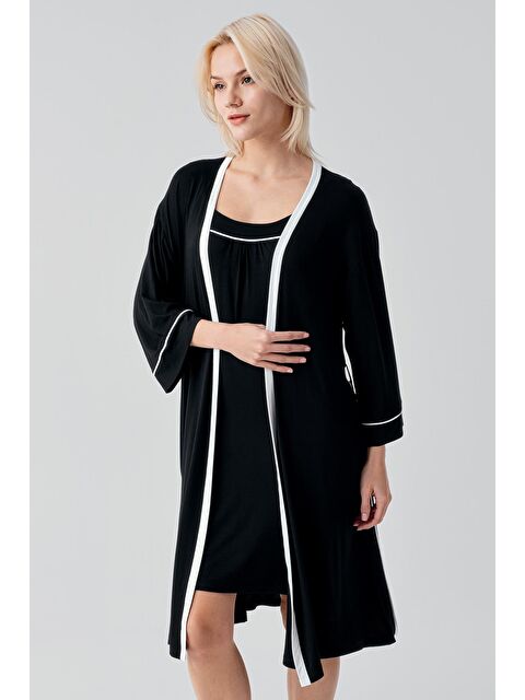 Artış Askılı Biyeli Kısa Elastanlı Esnek Viskoz Sabahlık Gecelik Takım 19415