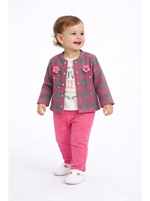 Chicsy Baby Ekose Desenli Çiçek Aksesuarlı 3lü Bebek Takımı