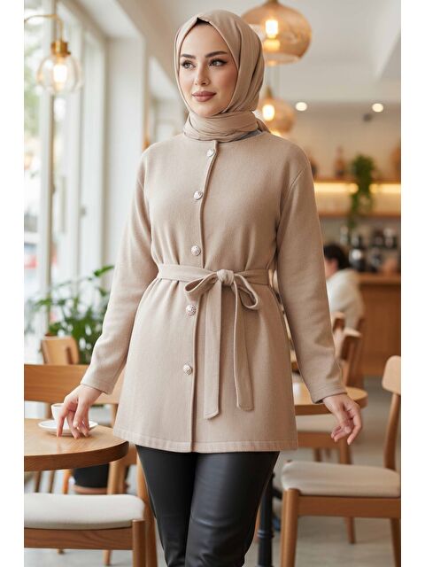 Tofisa Bağlamalı Düğmeli Kısa Kaşe Kaban Bej - 2052-BEJ - S000488870-19928