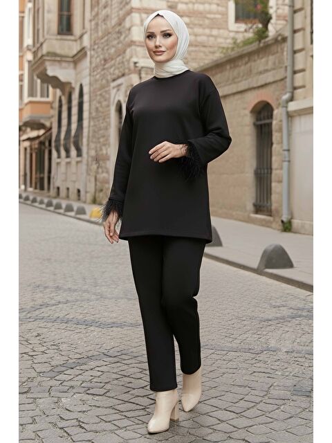 Tofisa Kol Ucu Tüylü Modal İkili Takım Siyah - 088-SIYAH - S000488863-19351