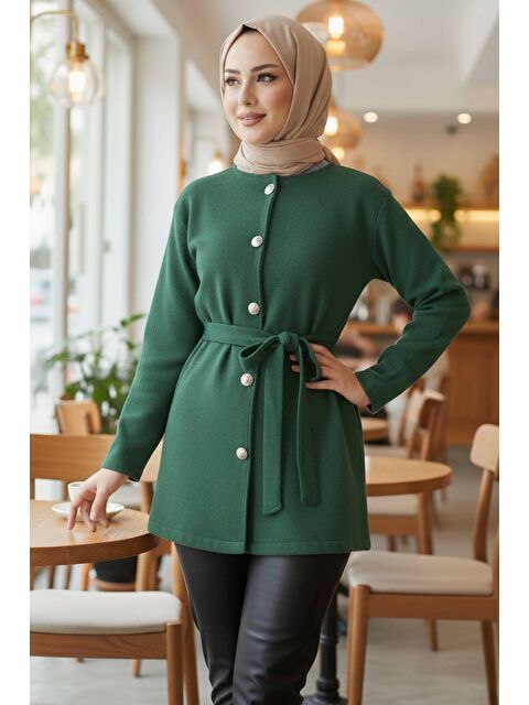 Tofisa Bağlamalı Düğmeli Kısa Kaşe Kaban Zumrut - 2052-ZUMRUT - S000488870-18709