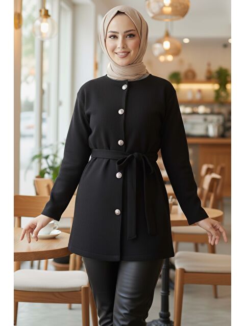 Tofisa Bağlamalı Düğmeli Kısa Kaşe Kaban Siyah - 2052-SIYAH - S000488870-19351