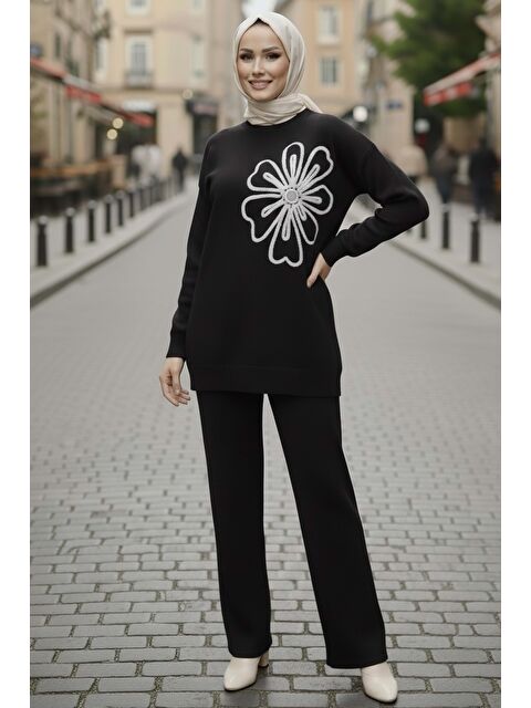 Tofisa Çiçek Nakışlı İkili Triko Takım Siyah - 28062-SIYAH - S000488868-19351
