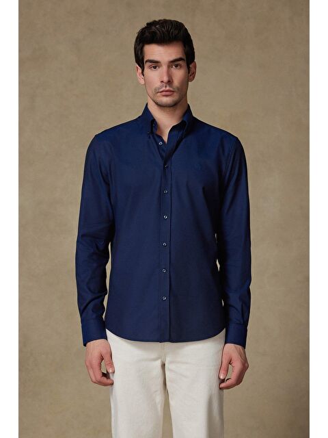 ABBATE Matteo Royal Oxford Pamuklu Comfort Fit Lacivert Düğmeli Yaka Erkek Düz %100 Pamuk Gömlek - S000438112-21164