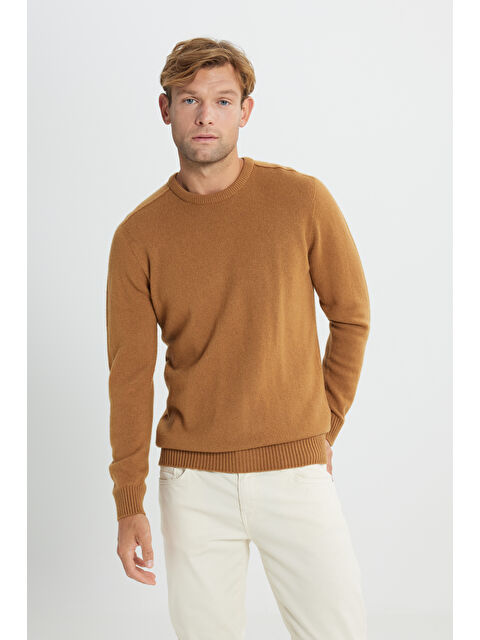 Altınyıldız Classics Erkek Camel Yünlü Dikişsiz Sıcak Tutan Standart Fit Normal Kesim Bisiklet Yaka Armürlü Triko Kazak - S000402632-4557