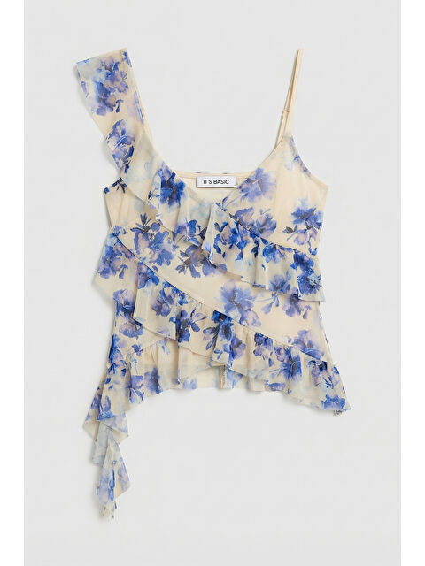 It's Basic Kadın Mavi Baskılı s6 Çiçek Desen-8 Asimetrik Kesim Askılı Bluz