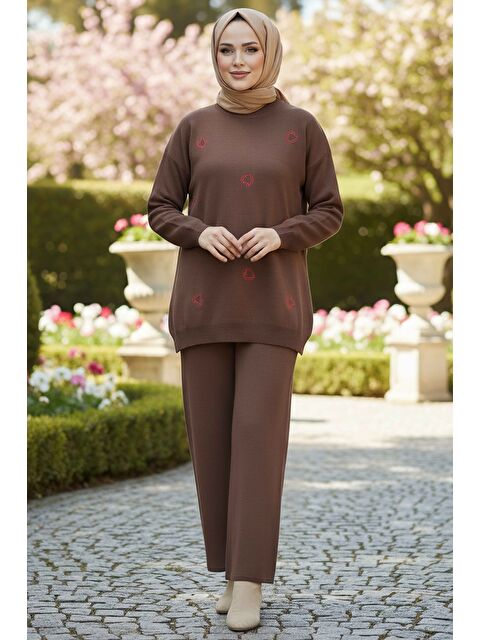 Tofisa Kalp Nakışlı İkili Triko Takım Kahve - 28063-KAHVE - S000488865-19413