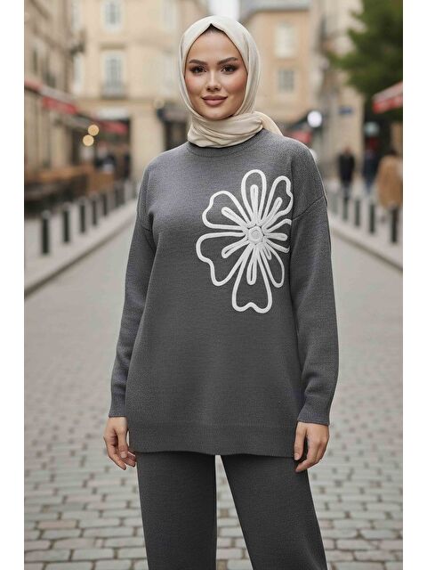 Tofisa Çiçek Nakışlı İkili Triko Takım Antrasit - 28062-ANTRASIT - S000488868-29666