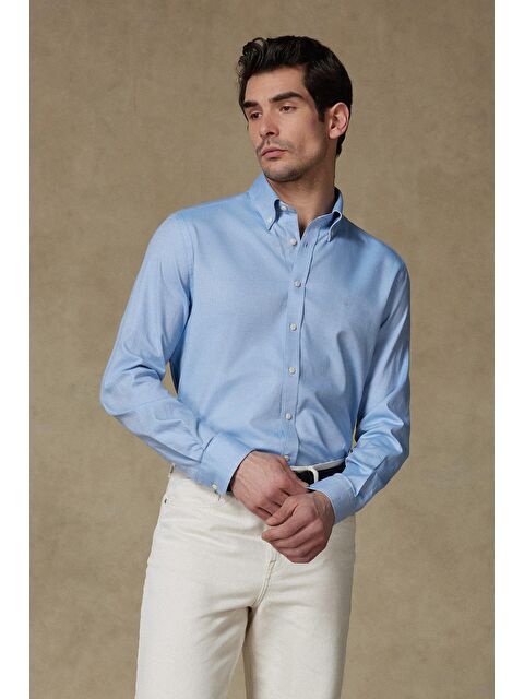 ABBATE Matteo Royal Oxford Pamuklu Comfort Fit Açık Mavi Düğmeli Yaka Erkek Düz %100 Pamuk Gömlek - S000438115-17437