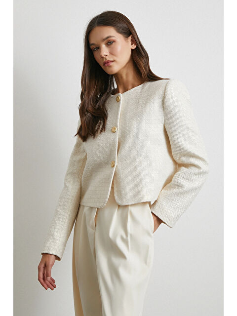 Never More Pamuk Düğmeli Uzun Kollu Ceket Ekru - S000464474-19965