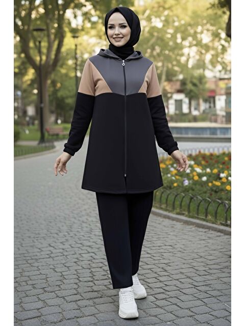 Tofisa Garnili Fermuarlı İki İplik Tunik Pantolon Füme - 13107-FUME - S000154763-33408