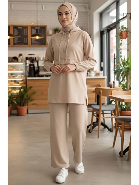 Tofisa Taş Detaylı Bileği Lastikli Modal İkili Takım Krem - 1001-KREM - S000488871-19966