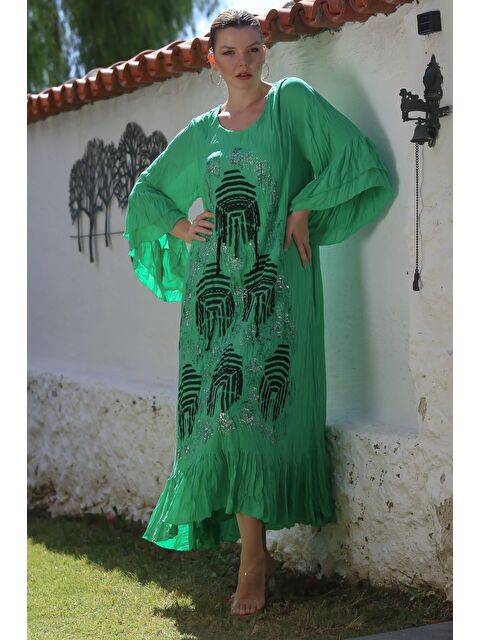 Chiccy İtalyan Yeşil Havuz Yaka Volanlı Kol Astarlı Varak Baskılı Casual Oversize Dokuma Elbise 138 65 - S000416141-18194