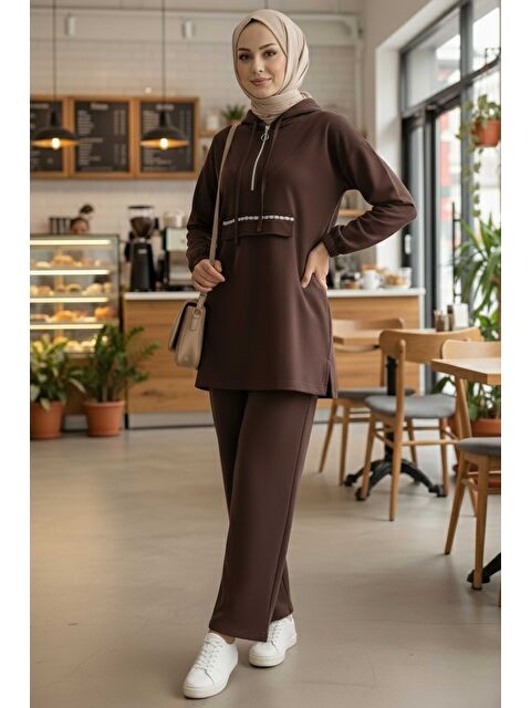 Tofisa Taş Detaylı Bileği Lastikli Modal İkili Takım Kahve - 1001-KAHVE - S000488871-19413