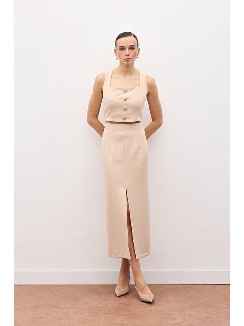 SATEEN Yırtmaçlı Midi Etek - Bej - S000508288-19928