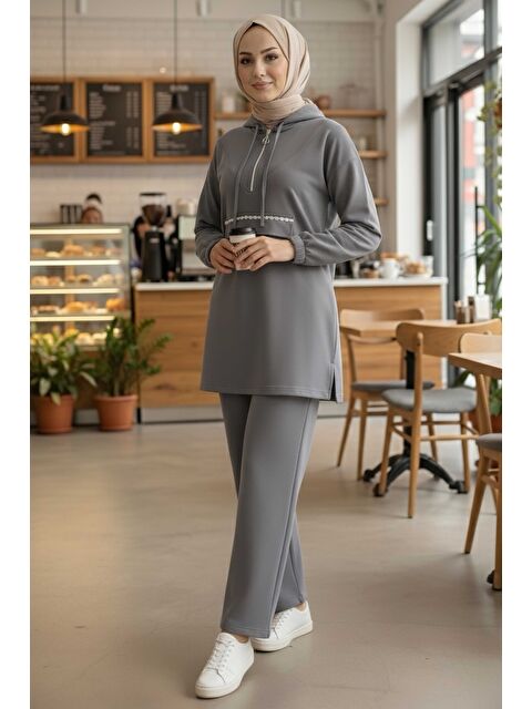 Tofisa Taş Detaylı Bileği Lastikli Modal İkili Takım Füme - 1001-FUME - S000488871-33408