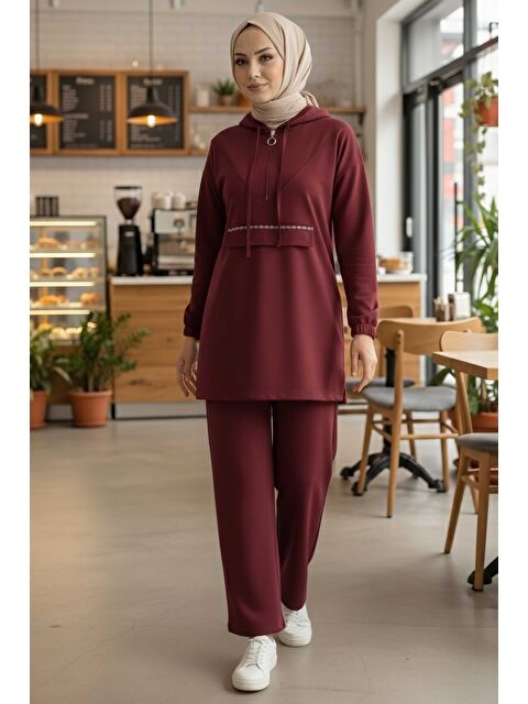 Tofisa Taş Detaylı Bileği Lastikli Modal İkili Takım Bordo - 1001-BORDO - S000488871-19951