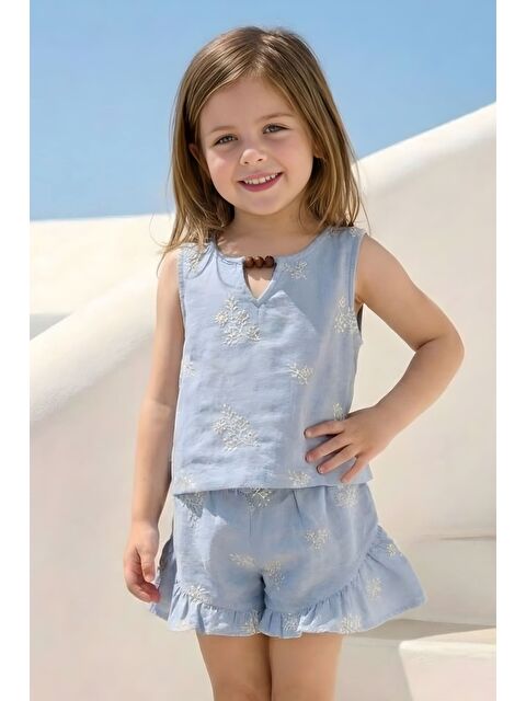 ZEYLAND Kız Çocuk Nakışlı Bluz Ve Şort Takım - Mavi - S000532615-17234