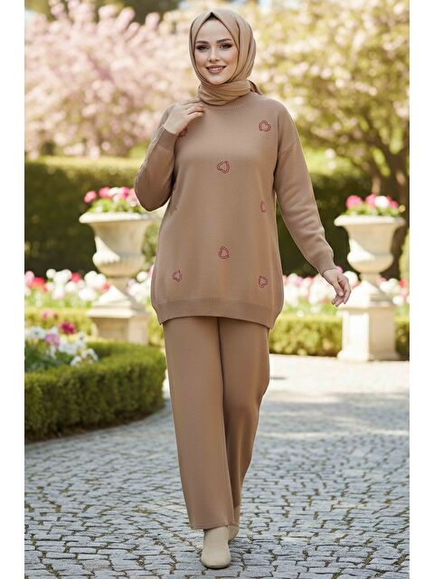 Tofisa Kalp Nakışlı İkili Triko Takım Vizon - 28063-VIZON - S000488865-26429