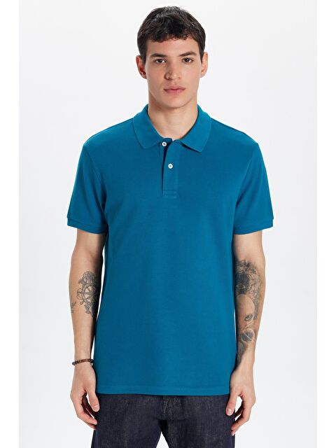TUDORS Erkek Slim Fit Dar Kesim %100 Pamuk Mavi Polo Yaka Tişört