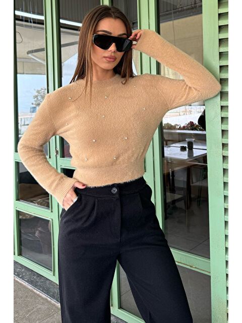 Gülseli Bisiklet Yaka  İplik Taşlı Kadın Triko Kazak - S000312354-19928