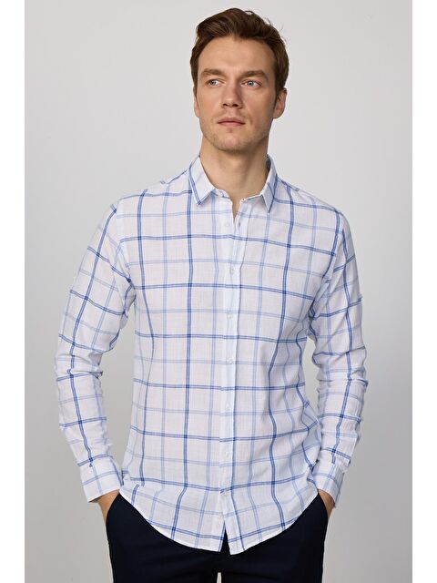 TUDORS Slim Fit Uzun Kollu Dar Kalıp Kareli Keten Doku Yazlık Beyaz Mavi Erkek Gömlek