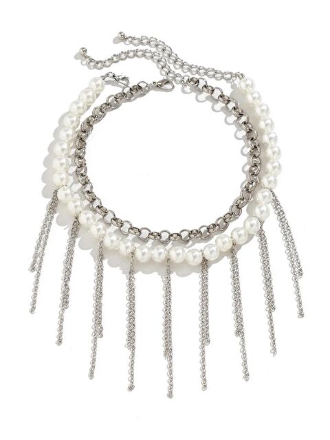 New Obsessions Gümüş Saçağı ve Zincir Kombini İnci Choker Kolye - S000332566-18105