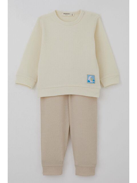Breeze Erkek Bebek Pijama Takımı Omuzdan Patlı Sevimli Uykucu Yıldız Armalı Krem (4 Ay-1 Yaş)