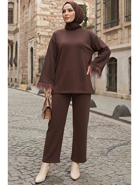 Tofisa Kol Ucu Tüylü Modal İkili Takım Kahve - 088-KAHVE - S000488863-19413