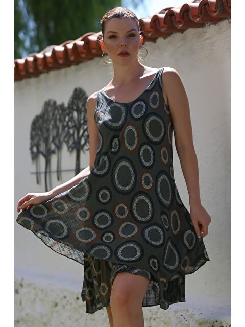 Chiccy İtalyan Haki Havuz Yaka Kolsuz Geometrik Desenli Astarlı Casual Dokuma Elbise 108 58 - S000416153-18547