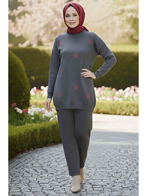 Tofisa Kalp Nakışlı İkili Triko Takım Antrasit - 28063-ANTRASIT - S000488865-29666