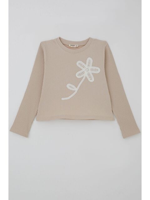 Breeze Kız Çocuk Uzun Kollu Tişört Örgü Çiçek Aplikeli Bej (6-12 Yaş)