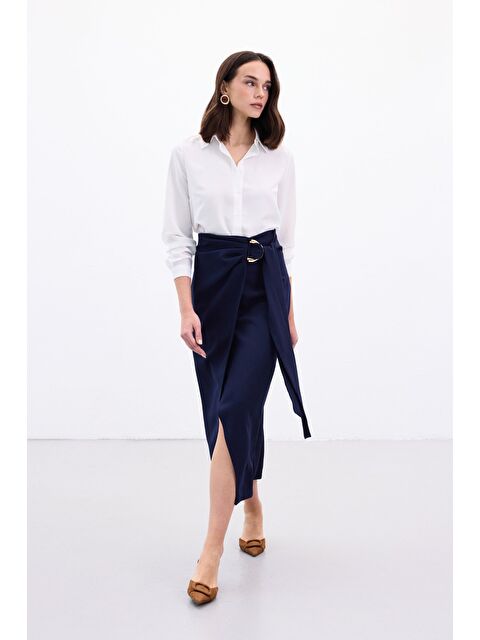 SATEEN Aksesuar Kuşaklı Yırtmaçlı Etek - Lacivert - S000499959-21164