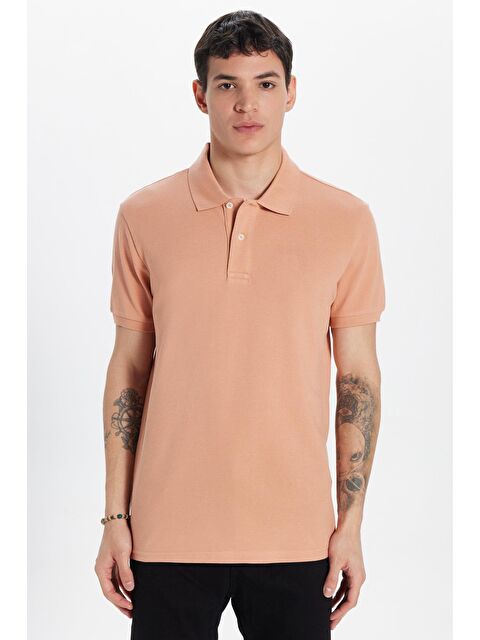 TUDORS Erkek Slim Fit Dar Kesim %100 Pamuk Somon Polo Yaka Tişört