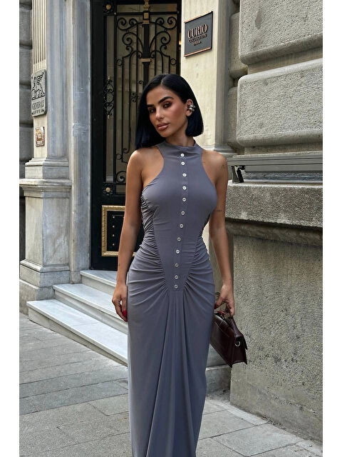 eka Kadın Gri Büzgü Detay Düğmeli Elbise 1026-1754