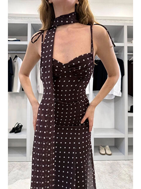 eka Kadın Kahve Şal Detaylı Puantiyeli Elbise 1041-2777