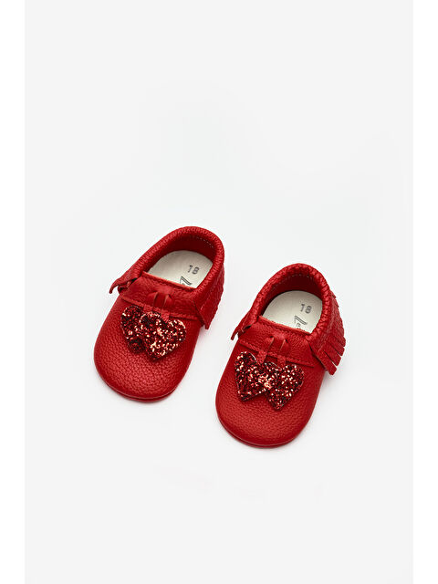 Le Mabelle Kırmızı Kalp Figürlü Kız Bebek Deri Makosen