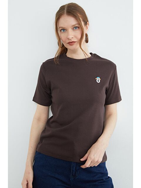 Fullamoda Köpek Nakışlı Bisiklet Yaka Tişört