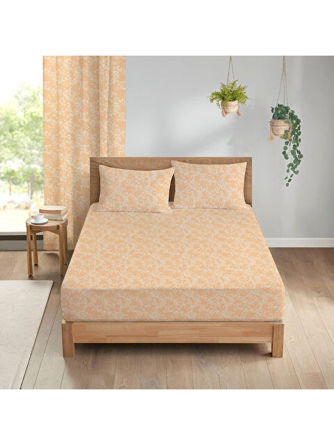 Evmila Çiçek Desenli Baskılı 180x200 Çift Kişilik Lastikli Çarşaf Seti Turuncu - S000291160-23173