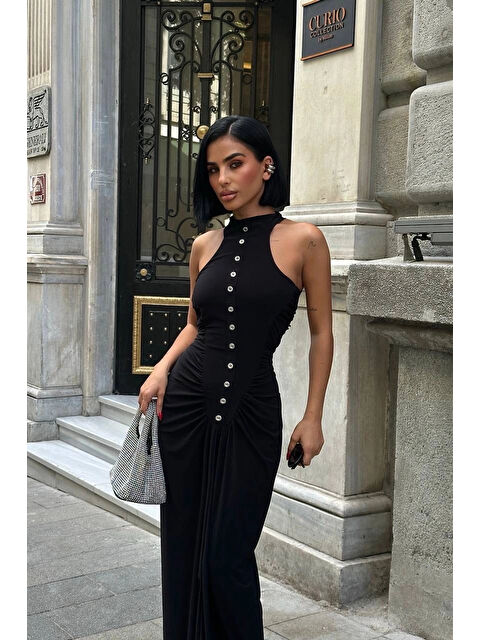 eka Kadın Siyah Büzgü Detay Düğmeli Elbise 1026-1754