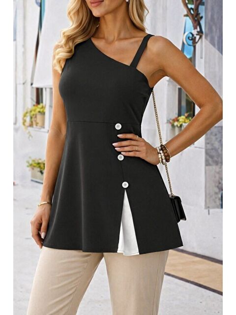 Jane's Kadın Tek Omuzdan Askılı şerit Detaylı Düğmeli Viskon Bluz